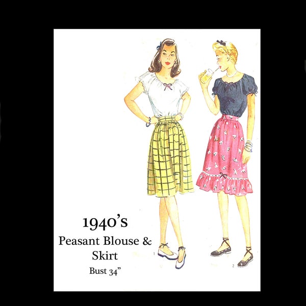 1940s 40s Reproduction Vintage Sewing Pattern Pretty Boho Peasant Blouse Skirt Day Dress Detail Bust 34 PDF INSTANT DOWNLOAD