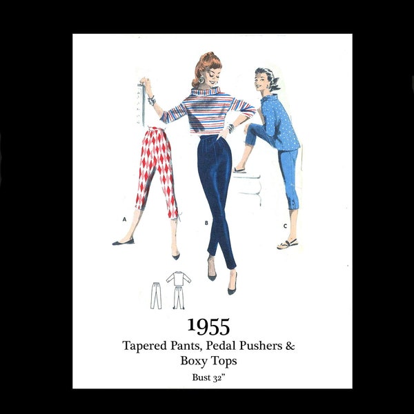 1950s 50s Reproduction Vintage Sewing Pattern Butterick 7557 Tapered Pants Pedal Pushers Box Tops Bust 32 PDF INSTANT DOWNLOAD