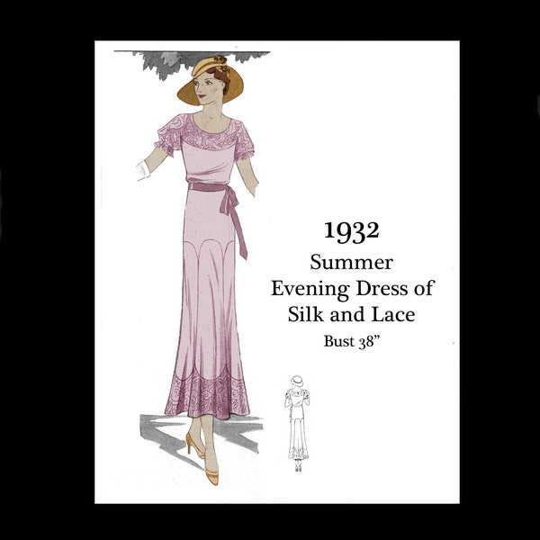 1930s 30s Vintage Sewing Pattern Summer Afternoon Dress Silk Georgette Lace Chiffon Art Deco Dress Bust 38 PDF INSTANT DOWNLOAD