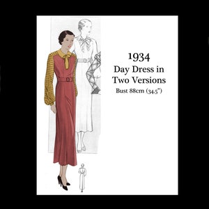 1930s 30s Art Deco Day Dress Contrast Collar Bell Sleeve Vintage Sewing Pattern Bust 36 E Pattern Reproduction PDF DOWNLOAD