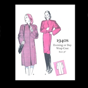1940s 40s Original Vintage Sewing Pattern Butterick 3279 Evening Wrap Coat Daytime Coat Bust 38 PDF INSTANT DOWNLOAD