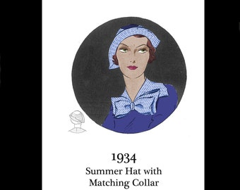 1930s 30s 1934 Art Deco Great Gatsby Elegant Pretty Summer Hat Matching Collar Bow Original Vintage Design Reproduction PDF INSTANT DOWNLOAD