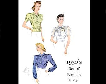 1930s 30s Reproduction Vintage Sewing Pattern Simplicity 3328 Smart Set of Blouses Long Sleeve Short Sleeve Bust 34 PDF INSTANT DOWNLOAD