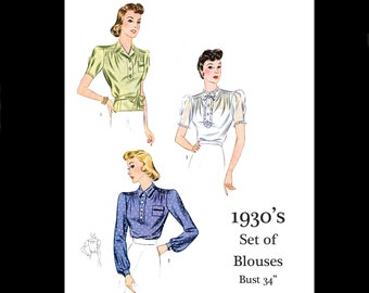 1930s 30s Reproduction Vintage Sewing Pattern Simplicity 3328 Smart Set of Blouses Long Sleeve Short Sleeve Bust 34 PDF INSTANT DOWNLOAD