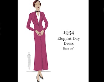 Pode incluir: Uma ilustração vintage de 1934 de uma mulher vestindo um vestido magenta com uma gola longa e fluida. O vestido tem um corpete ajustado e uma saia com uma fenda central. O texto "1934 Elegant Day Dress Bust 40" está impresso abaixo da ilustração.