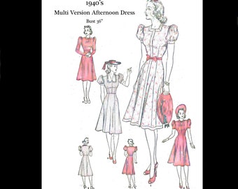1940s 40s Reproduction Vintage Sewing Pattern Advance 2263 Pretty Day Tea Dress Long Puff Sleeve Bust 36 PDF INSTANT DOWNLOAD