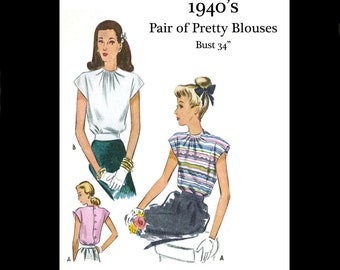 May include: A vintage sewing pattern for a pair of blouses from the 1940s. The pattern is for a bust size of 34 inches. The pattern shows two different styles of blouses, one with a white top and the other with a striped top. The pattern is from "Bright Young Things".