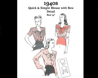 1940s 40s Reproduction E Pattern Vintage Sewing Pattern Butterick 3495 Misses Simple Easy To Make Blouse Bow Bust 34 PDF INSTANT DOWNLOAD