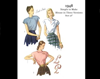 1940s 40s Reproduction Vintage Sewing Pattern Simplicity 3211 Easy To Make Blouse Set Blouses Monogram Transfer Bust 36 PDF INSTANT DOWNLOAD