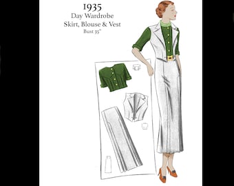 1930s 30s Vintage Sewing Pattern Art Deco Day Wardrobe Sleeveless Vest Blouse Skirt Pleat Detail Waistcoat Bust 34" 35" PDF INSTANT DOWNLOAD
