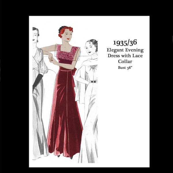 1930s 30s Vintage Sewing Pattern Art Deco Evening Silk Taffeta Velvet Dress with Lace Collar Bust 38 PDF INSTANT DOWNLOAD