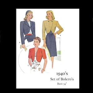Könnte beinhalten: Eine Vintage-Nähvorlagen-Illustration mit drei Frauen, die verschiedene Stile von Bolero-Jacken tragen. Das Muster ist für ein Set von Boleros, entworfen für eine Brustgröße von 86 cm. Der Text auf dem Muster lautet "1940's Set of Bolero's Bust 34" und "BRIGHT YOUNG THINGS".