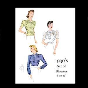 May include: A set of three vintage 1930's blouses for a bust size of 34 inches. The blouses are in different colors and styles, with one featuring a green color, another in white, and the third in blue with white polka dots. The blouses have puffed sleeves and button-up fronts.