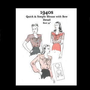 May include: A vintage sewing pattern for a 1940s blouse with a bow detail. The pattern includes three different views of the blouse, with a bust size of 34 inches.
