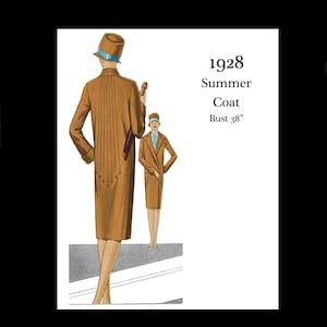 May include: A vintage illustration of a 1928 summer coat with a bust size of 38 inches. The coat is brown and has a long, straight silhouette. The illustration shows two women wearing the coat, one from the back and one from the front. The text "BRIGHT YOUNG THINGS" is at the bottom of the image.