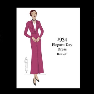 May include: A 1934 vintage illustration of a woman wearing a magenta dress with a long, flowing collar. The dress has a fitted bodice and a skirt with a center slit. The text "1934 Elegant Day Dress Bust 40" is printed below the illustration.