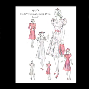 Peut inclure: Illustration d'un patron de robe d'après-midi multi-versions des années 1940. Le patron comprend plusieurs modèles de robes, avec un tour de poitrine de 91 cm. Les robes sont de différents styles et couleurs, avec une esthétique vintage. Le texte "Bright Young Things" est en bas.