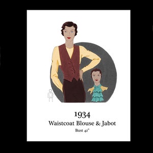 May include: A vintage illustration of a woman wearing a brown waistcoat blouse and a teal jabot. The illustration is from 1934 and the text "Waistcoat Blouse & Jabot" and "Bust 42" is included. The illustration is from a vintage pattern book.