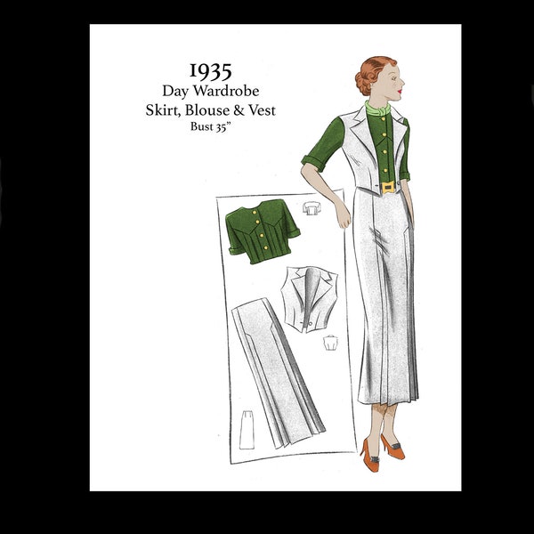 1930s 30s Vintage Sewing Pattern Art Deco Day Wardrobe Sleeveless Vest Blouse Skirt Pleat Detail Waistcoat Bust 34" 35" PDF INSTANT DOWNLOAD