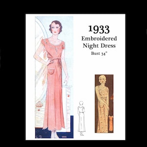 1930s 30s Vintage Sewing Pattern Very Pretty Embroidered Night Gown Dress Silk Bust 34 PDF INSTANT DOWNLOAD