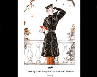 Década de 1930 30s 1936 Art Déco elegante abrigo de tres cuartos mangas campana corbata detalle de lazo busto 34 E patrón reproducción PDF DESCARGA INSTANTÁNEA