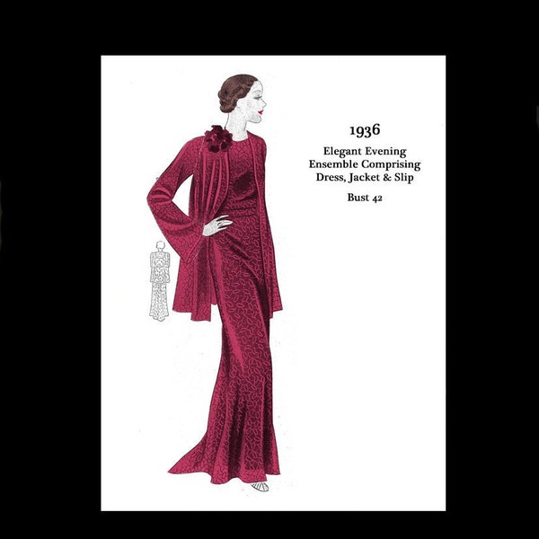 1930s 30s 1936 Elegant Evening Ensemble Lace Dress Jacket Slip Vintage Sewing Pattern Bust 42 E Pattern Reproduction PDF INSTANT DOWNLOAD