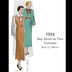 Peut inclure: Illustration de deux robes de jour vintage de 1934. L'une est de couleur beige avec un col blanc et des manches à motifs, l'autre est turquoise. Le texte indique "Day Dress in Two Versions" et "Bust 88cm".