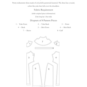 Pu&ograve; includere: Diagramma di un modello di abito estivo Pretty del 1934, con otto pezzi: carr&egrave;, schiena, davanti, manica e sezioni della gonna. Tessuto richiesto: 2,5 m di lunghezza per 1,3 m di larghezza. L'abito ha un carr&egrave; rotondo.