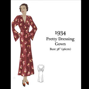May include: Illustration of a 1934 Pretty Dressing Gown. The gown is a deep red with a floral pattern and long, flared sleeves. The bust measurement is 38 inches (96cm). A smaller sketch of the gown is also included.