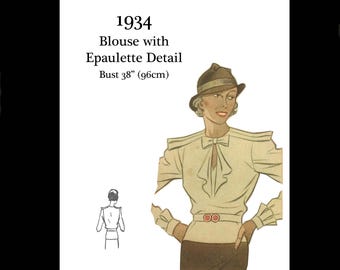 Blusa elegante de seda Art Decó de los años 30 y 1934 con detalle de charretera y jabot, reproducción militar, patrón de costura vintage, busto 38, descarga instantánea en PDF.