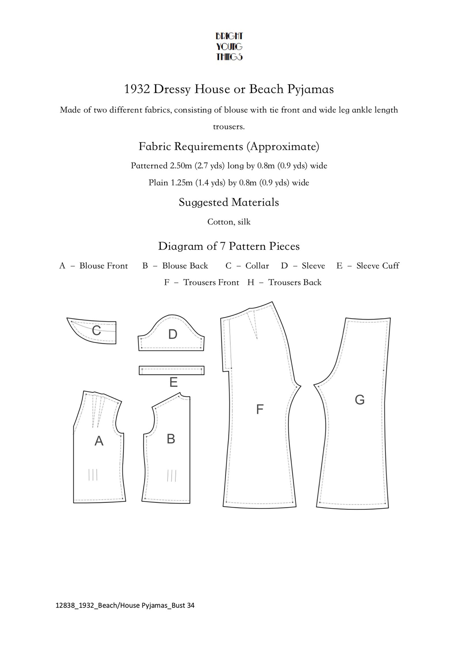1930s 30s 1933 Pyjamas Beach Pyjamas Nightwear Bust 34 E Pattern ...