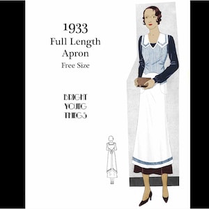 May include: A vintage-style illustration of a person wearing a 1933 full length apron over a dark long-sleeved top. The apron features a blue and white striped bodice with a white collar and a long white skirt with a blue striped hem. Text reads 1933 Full Length Apron Free Size BRIGHT YOUNG THINGS.