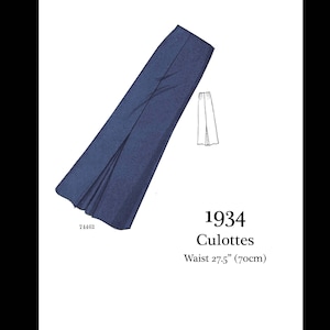May include: A navy blue culottes pattern from 1934, with a waist measurement of 27.5 inches. The image shows a detailed illustration of the culottes design, including a smaller diagram. The design is for a pair of wide-legged pants.