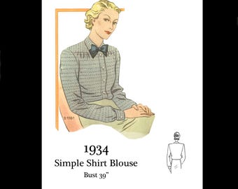 1930s 30s 1934 Art Deco Simple Blouse Shirt Day Blouse Reproduction Vintage Sewing Pattern Bust 39 PDF INSTANT DOWNLOAD