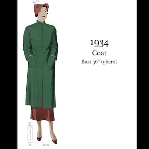Può includere: Illustrazione di una donna con un cappotto verde con colletto alto e tasche, abbinato a una gonna color ruggine. Il cappotto ha bottoni decorativi. Il testo recita "1934 Cappotto Circonferenza seno 96cm". La donna indossa anche un cappello abbinato.
