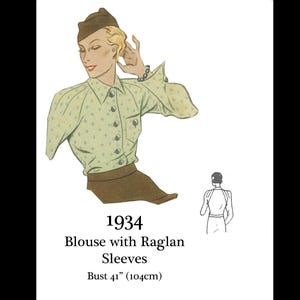 Può includere: Illustrazione vintage di una camicetta con maniche a raglan del 1934. La camicetta è verde chiaro con un piccolo motivo floreale, con un'abbottonatura e una tasca. La circonferenza del busto è di 104 cm.