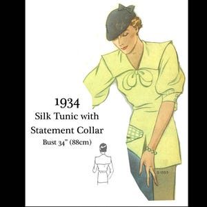 May include: Illustration of a 1934 silk tunic with a statement collar. The tunic is light yellow with a bow detail and a green and white checkered pocket. The bust measurement is 34 inches.
