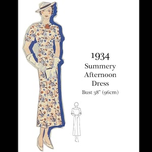 Pu&ograve; includere: Illustrazione di un abito da pomeriggio estivo del 1934 con un motivo floreale blu, arancione e bianco su sfondo crema. L'abito ha maniche corte, una cintura e una misura del busto di 96 cm. L'immagine include anche un cappello, guanti e una pochette.