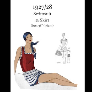 May include: Illustration of a vintage swimsuit and skirt design from 1927/28. The bust measurement is 38 inches (96cm). The design features a red top with white trim and a striped skirt. A woman is depicted wearing the swimsuit.