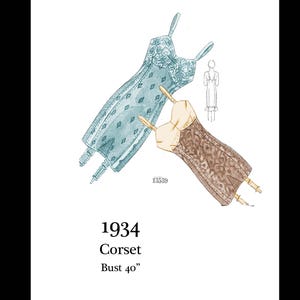 Puede incluir: Ilustración de dos corsés vintage. Uno es azul claro con un patrón de diamantes, el otro es marrón con un diseño floral. El texto dice "1934 Corsé Contorno de busto 101,6 cm".