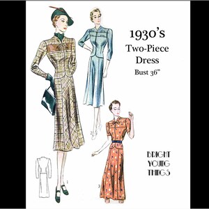 Pode incluir: Ilustração de moda vintage de vestidos de duas peças dos anos 1930. A imagem apresenta três mulheres em vestidos diferentes, com uma medida de busto de 91 cm. Os vestidos apresentam várias cores e padrões, incluindo um design xadrez e uma estampa floral. O texto "Bright Young Things" também é visível.
