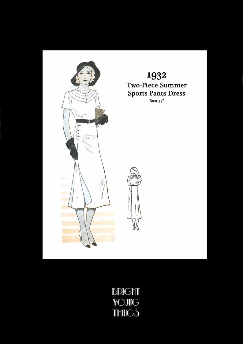 1930s House Dresses, Fabrics, Sewing Patterns     1930s 30s Vintage Sewing Pattern Art Deco Summer Sports Pants Dress Over Skirt Two Piece Dress Bust 34 PDF INSTANT DOWNLOAD  AT vintagedancer.com