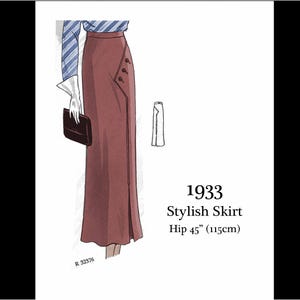 以下が含まれることがあります： 1933年のスタイリッシュなスカートのデザインイラスト。スカートは赤茶色で、サイドにボタンのディテールがあります。画像には「Stylish Skirt」と「Hip 45インチ（115cm）」と書かれています。