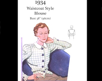 1930s 30s 1934 Art Deco Waistcoat Style Blouse Smart Blouse Shirt Reproduction Vintage Sewing Pattern Bust 39 PDF INSTANT DOWNLOAD