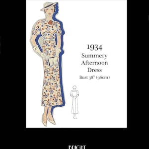 Pu&ograve; includere: Illustrazione di un abito da pomeriggio estivo del 1934 con motivo floreale, busto 96cm. L'abito ha maniche corte, vita aderente e gonna lunga. L'immagine include una donna con cappello, guanti e tacchi.