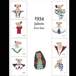 Könnte beinhalten: Vintage Illustration von Jabots aus dem Jahr 1934, die verschiedene Designs zeigen. Das Bild zeigt ein braun-weißes Jabot mit Schleife, ein rotes gepunktetes Jabot und ein grün-weißes Jabot. Der Text "1934 Jabots Free Size" ist ebenfalls vorhanden.
