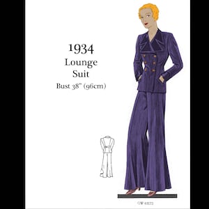 May include: Illustration of a 1934 Lounge Suit. The suit is a deep purple color with a double-breasted jacket and wide-leg pants. The bust measurement is 38 inches (96cm). The image includes a small sketch of the suit's back and the text "GW 63172".