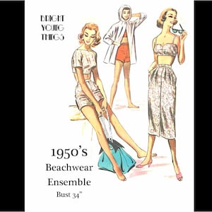 May include: Vintage illustration of 1950s beachwear ensemble. The image features three women in retro swimwear and beach attire. The text reads "Bright Young Things", "1950's Beachwear Ensemble" and "Bust 34".
