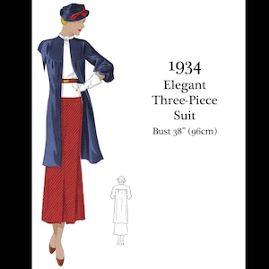 Puede incluir: Ilustración de un elegante traje de tres piezas de 1934. El conjunto presenta un abrigo azul marino, una blusa blanca y una falda roja. Contorno de busto 96 cm. El atuendo se completa con un sombrero y guantes a juego, mostrando la moda vintage.