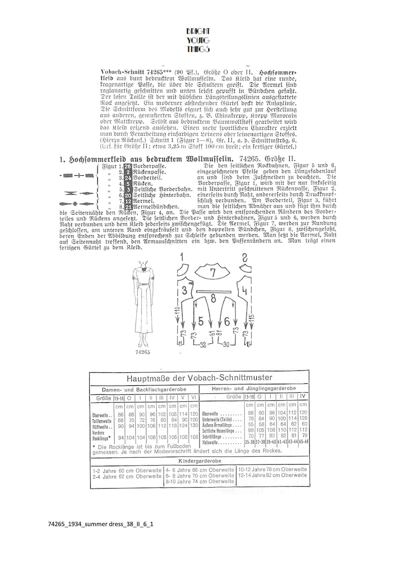 Pu&ograve; includere: Modello di cucito vintage per un abito estivo, con scollatura rotonda e maniche a raglan. Include diagrammi e misure in centimetri. Il testo recita "BRIGHT YOUNG THINGS".